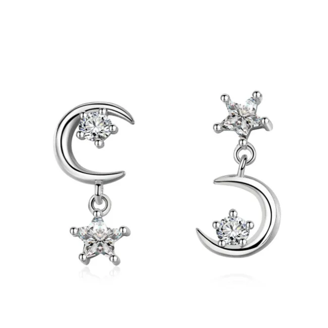 

Fashion Star and Moon Asymmetric Classic Five-pointed Jewelry Sterling Silver Earrings