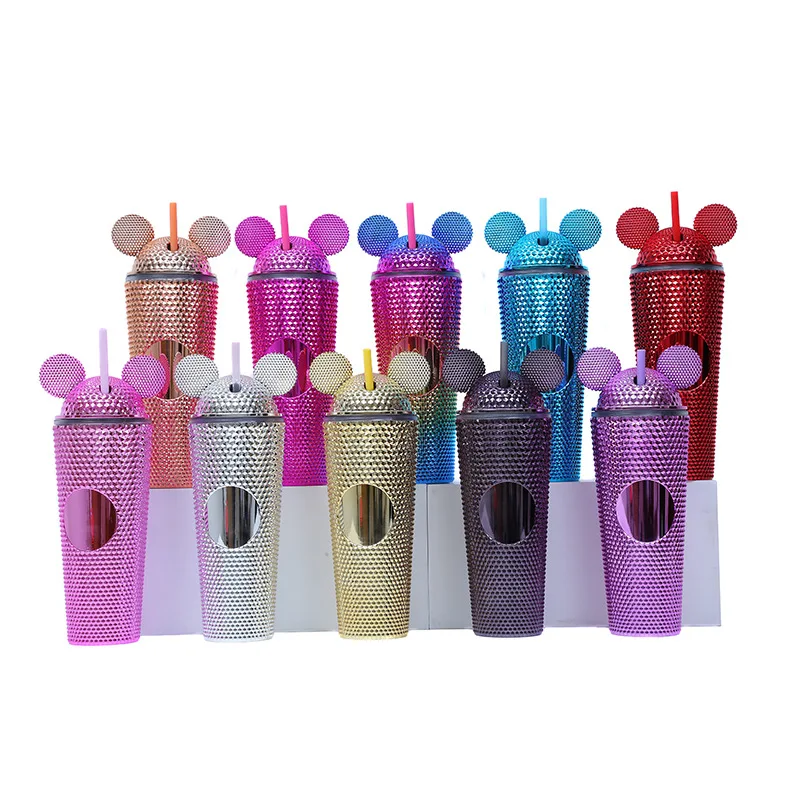 

wholesale custom double wall 24oz bling diamond mouse cute plastic tumbler with straw for kids gym sports water bottle cup