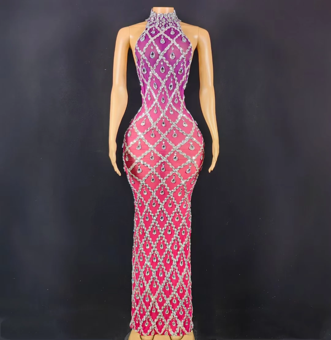 

2023 Luxury Cut Out Transparent Mesh Dinner Gown Floor Length Rhinestone Banquet Prom Dress Sexy Backless Wedding Evening Dress