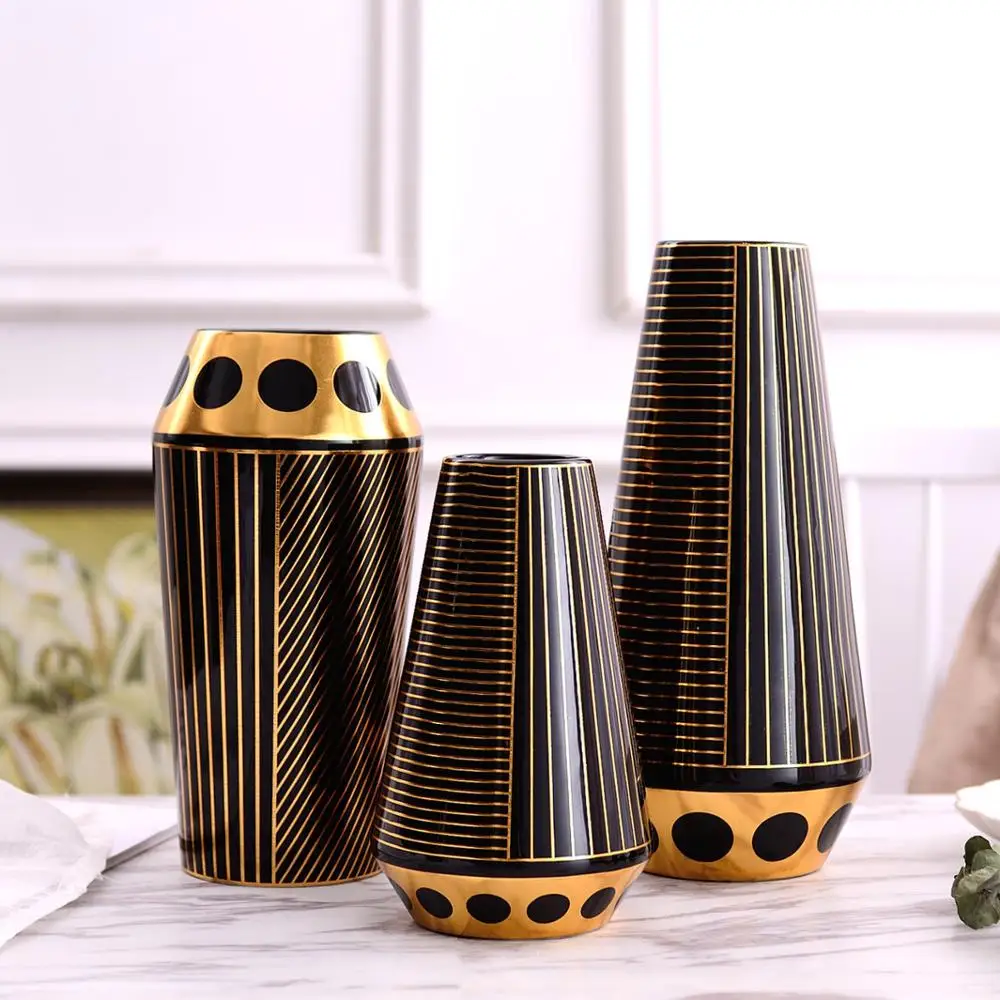 

Nordic White Black Gold Ceramic Vase Flower Vase Flower Arrangement Three-piece Crafts Decoration Simple Modern Home Decoration, As photo