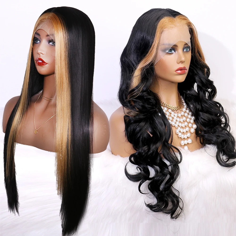 

Blonde Ombre Black Body Wave Long Synthetic Wig Transparent Swiss Lace Front Wig Heat Resistant Chemical Fiber Women Wig Cosplay