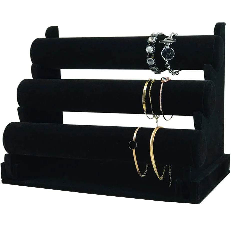 

67008 Jewelry Organizer Velvet Stand Bracelet Holder with Three Tier Rack Bangle Display, Black