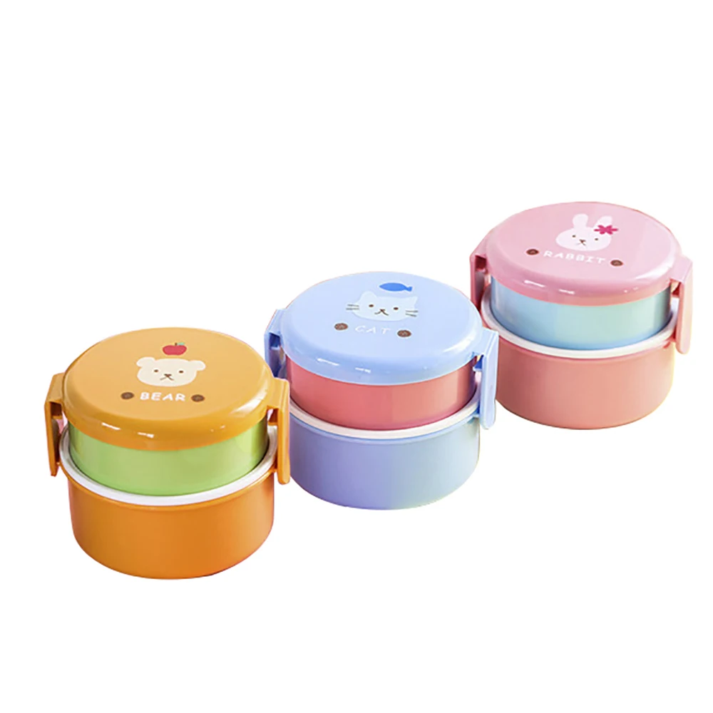 

Wholesale Double Layers Microwave Children Round Food Container School Child Cute Cutlery Cartoon Plastic Mini Lunch Box, Blue yellow pink