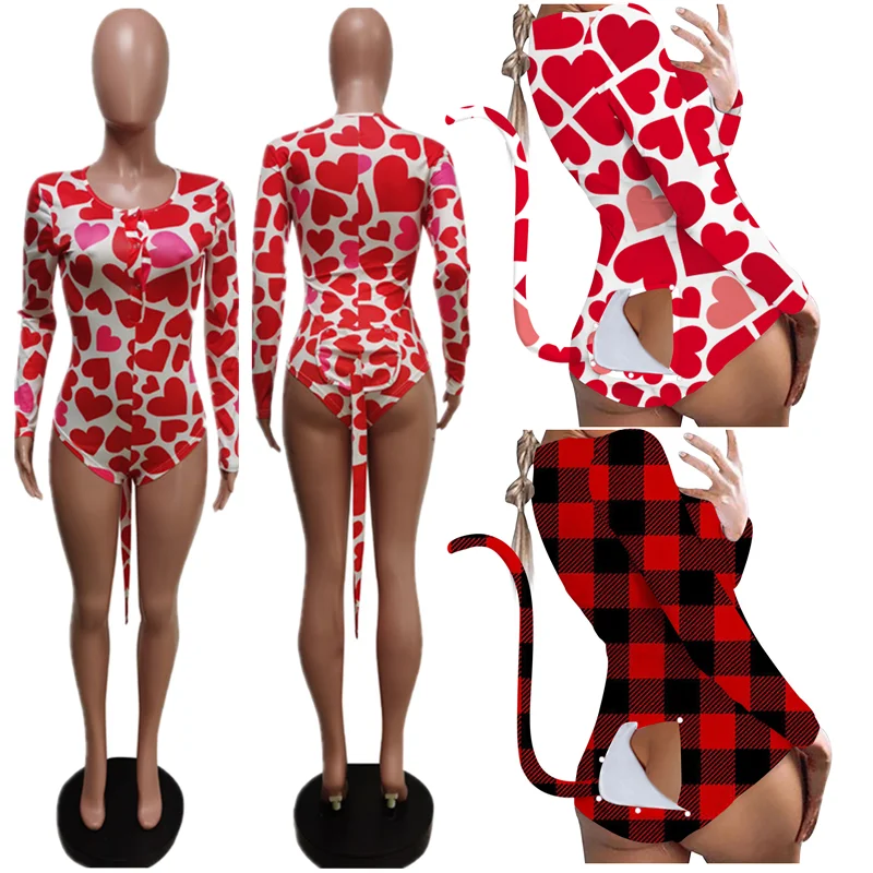 

2022 Valentines day clothing onsies pajamas adult one piece pajama with butt flap sleepwear fashion pajamas with tail for women