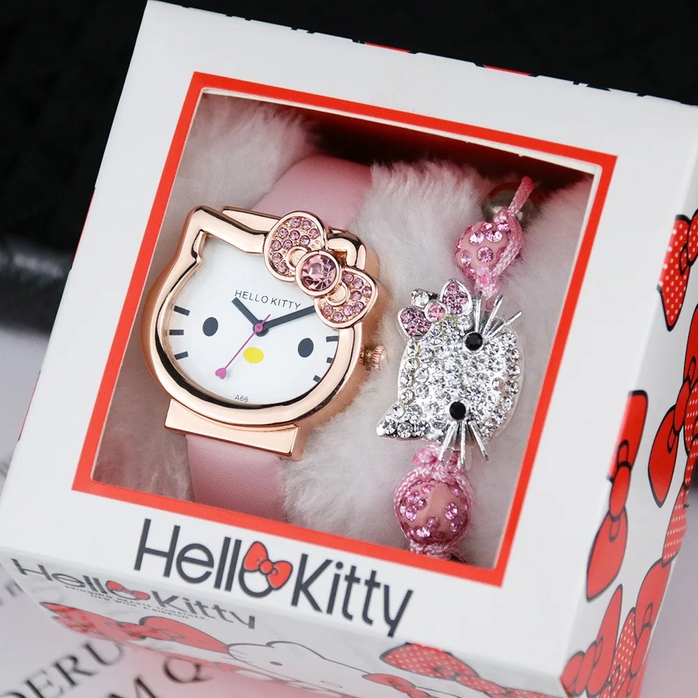 

new children watches stainless steel strap watch KT cat box pink bracelet set kids birthday gift student hello kitty watch, 6colors