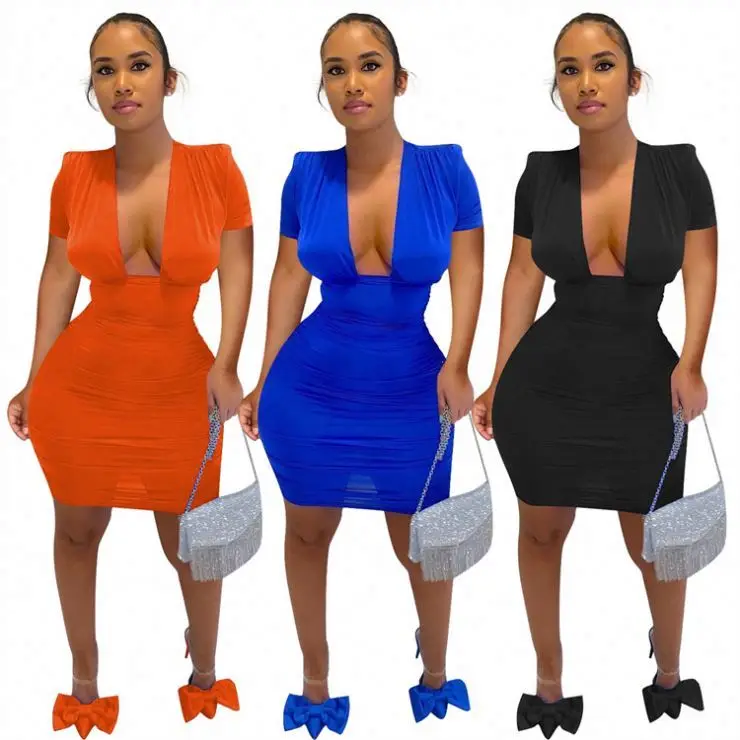 

PEARL Best Design High Waist Deep Collar Short Sleeve Summer Solid Color Women Elegant Short Casual Dresses