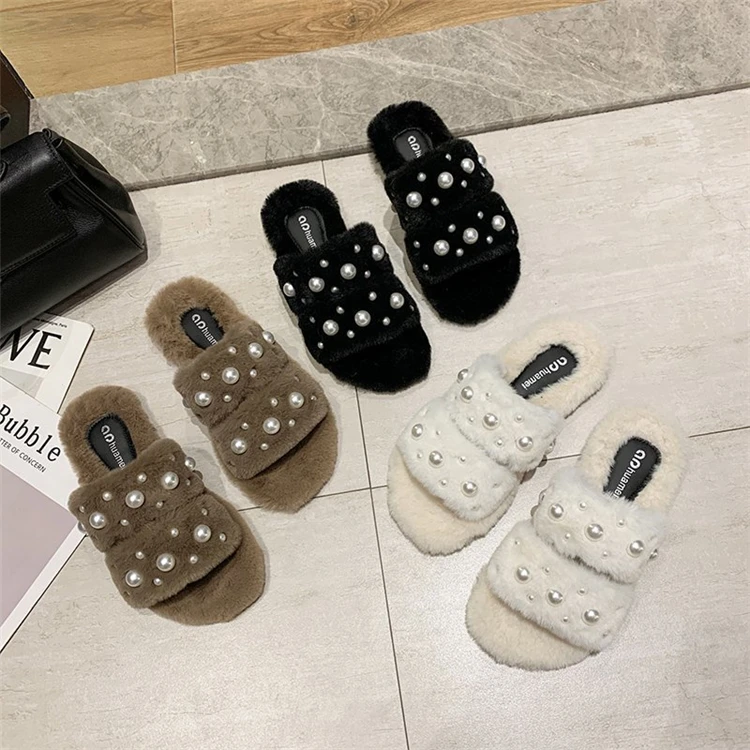 

Wholesale Fashion trendy Women's slides ladies fur Flat slippers for woman, Black,beige,gray