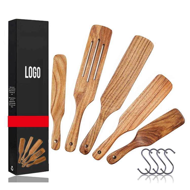 

Multifunctional 5 Pieces Teak Wooden Cookware Slotted Kitchen Utensils Tools Spatula Spurtles Set for Stirring Mixing Serving, Natural