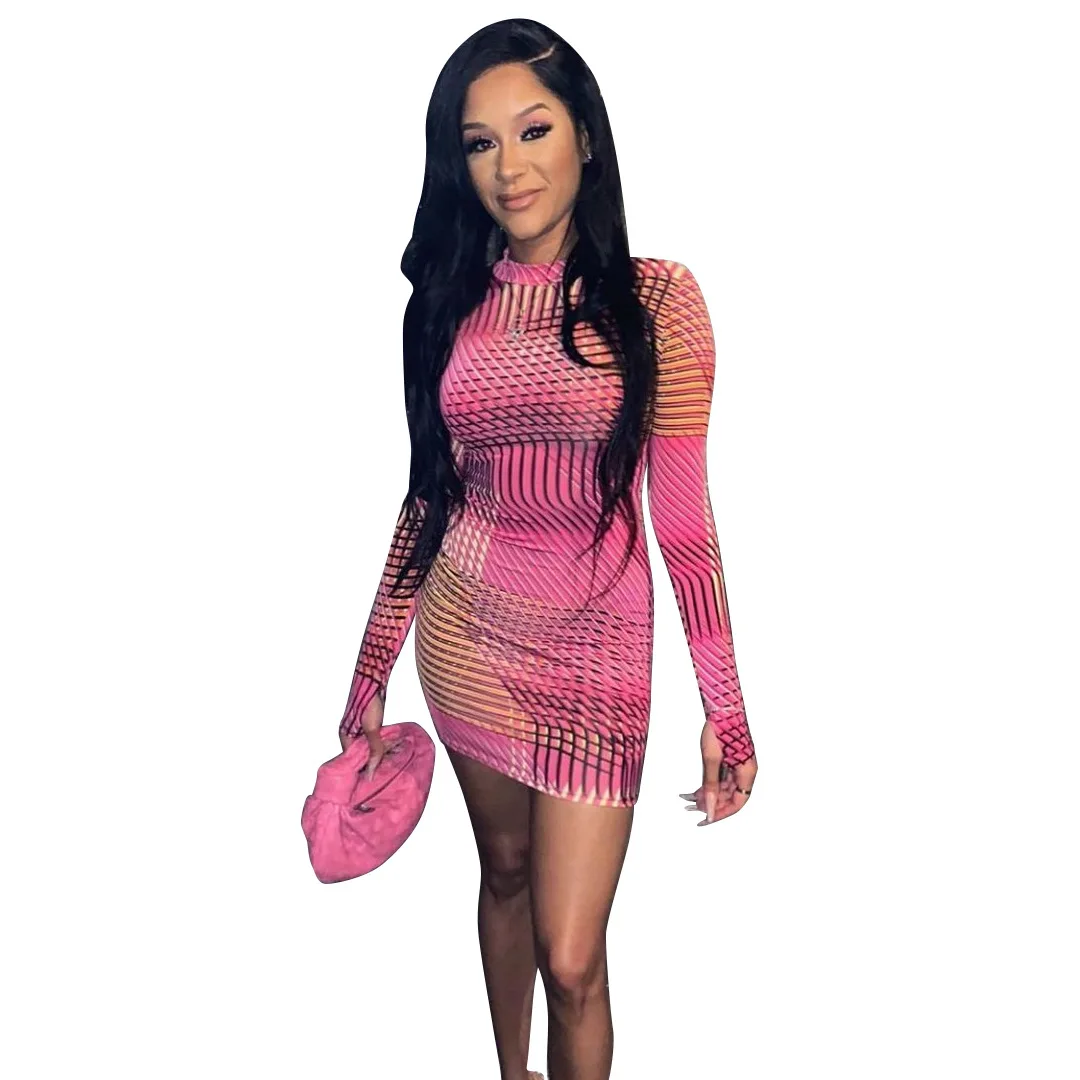 

Autumn Fashion Printed Slim Women Sexy Long Sleeve Round Neck Mini Dresses Party Ladies Skinny Bodycon Mini Dress, Picture color