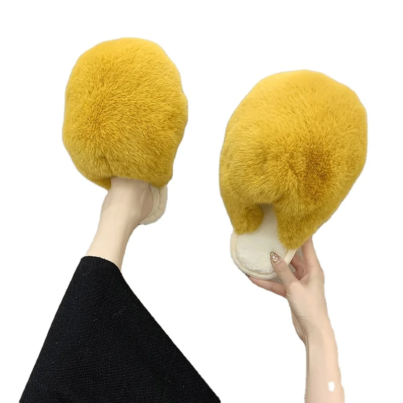 

Women Furry home Slides Slippers Female Cute Flat Slippers Shoes For Woman Indoor Slippers Winter Short Plush Fur Slides