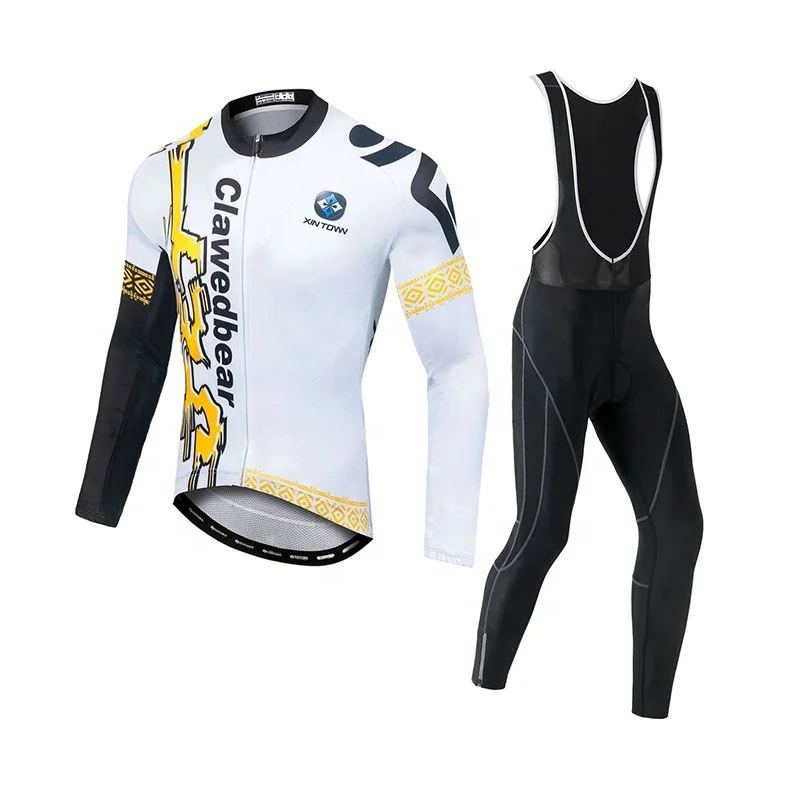 

New pattern white cycling jersey set spring men bike bib sweatshirt polyester long sleeve bicycle bib clothing