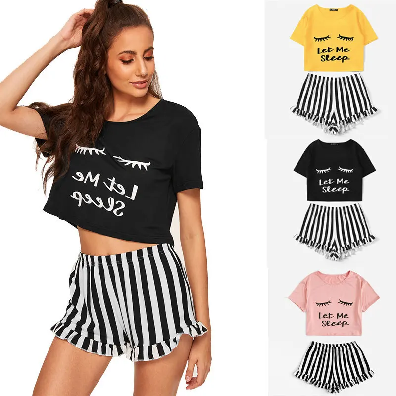 

Wholesale Pajamas Womens Cotton Sleepwear Short Sleeve Stripe Two Piece Set Girls Loungewears, 5 colors