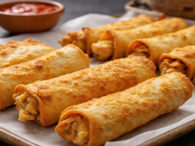 Crispy golden chicken taquitos arranged on baking sheet