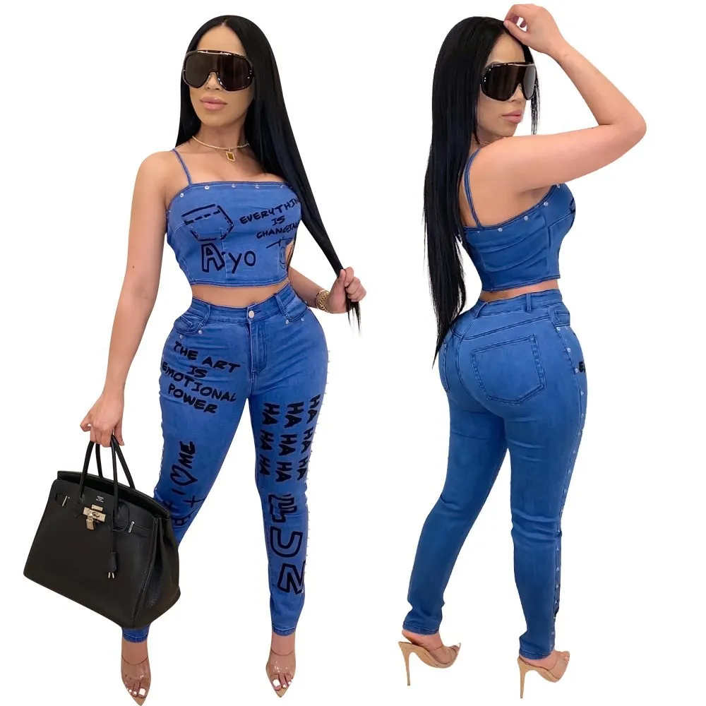 

Women 2 Piece Set Sexy Two Piece Pant Sets Clothing Outfits Women Denim Jeans Pants Trousers Sets