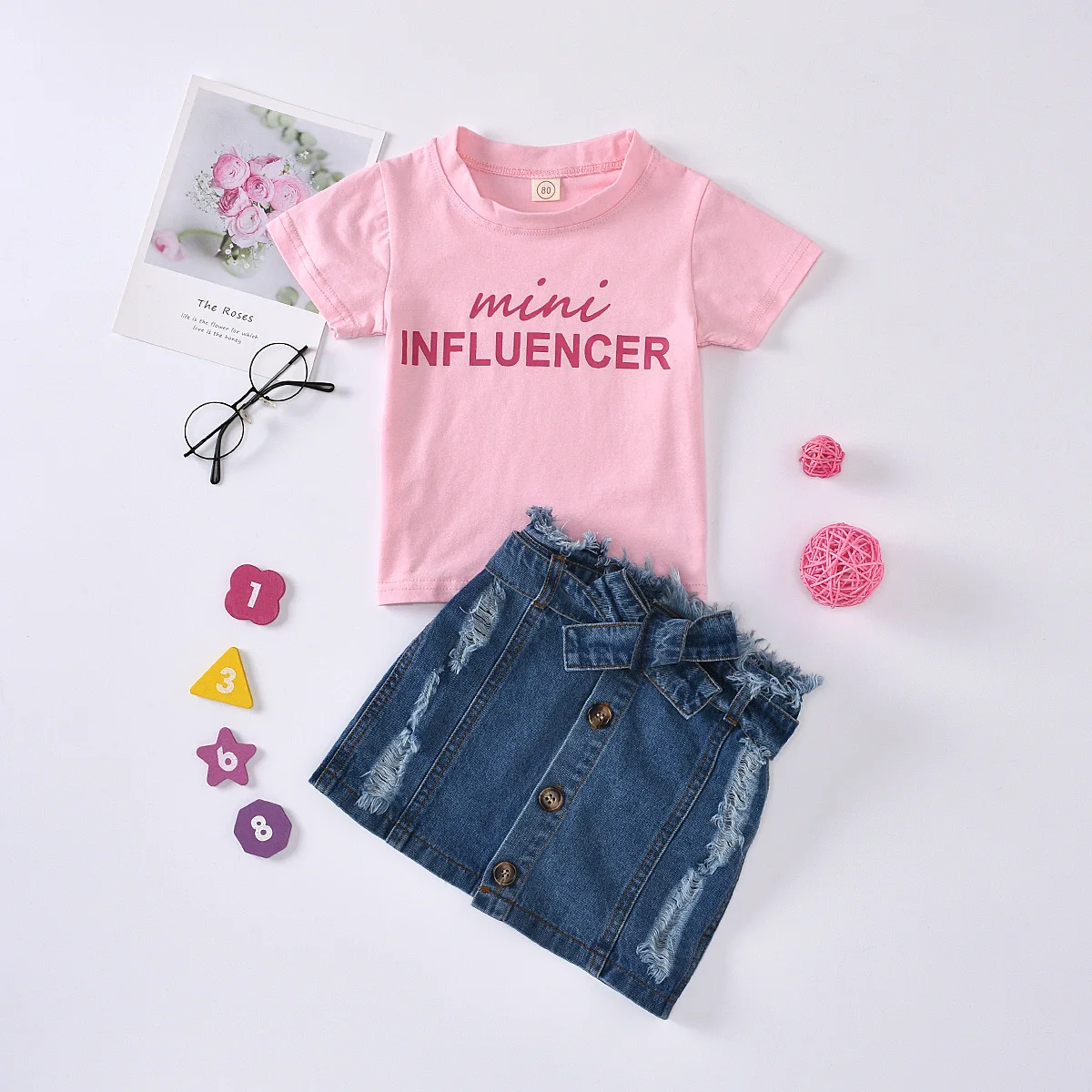 

Wholesale Summer Fashion Cotton T-shirt Top Denim Skirts Outfits Baby Kids Girls Clothing Sets, Photo showed and customized color