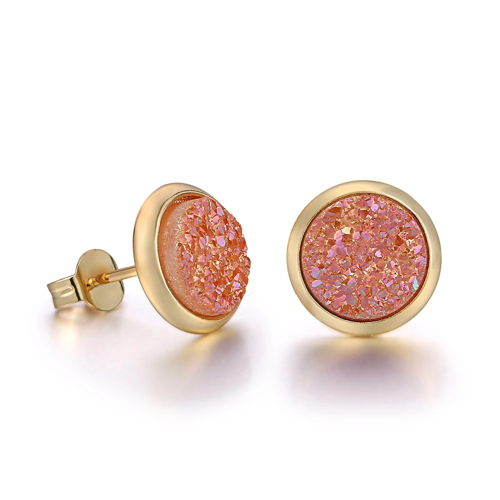 

Hot sale china fashion round copper 24k gold plated natural druzy stone agate quartz stud earrings piercing for women jewelry, Colors