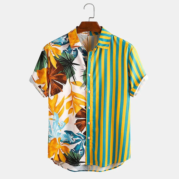 

wholesale men high quality hip hop luxury short sleeve printed patchwork beach aloha casual mens button up hawaiian shirt