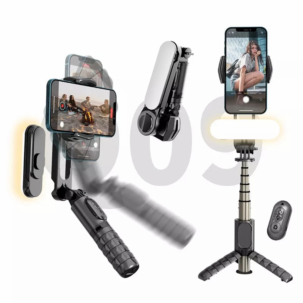 

Q09 Selfie Gimble Stabilizer Mobile phone Foldable Fill LED Light Estabilizador wireless Remote extendable Selfie Stick Tripod