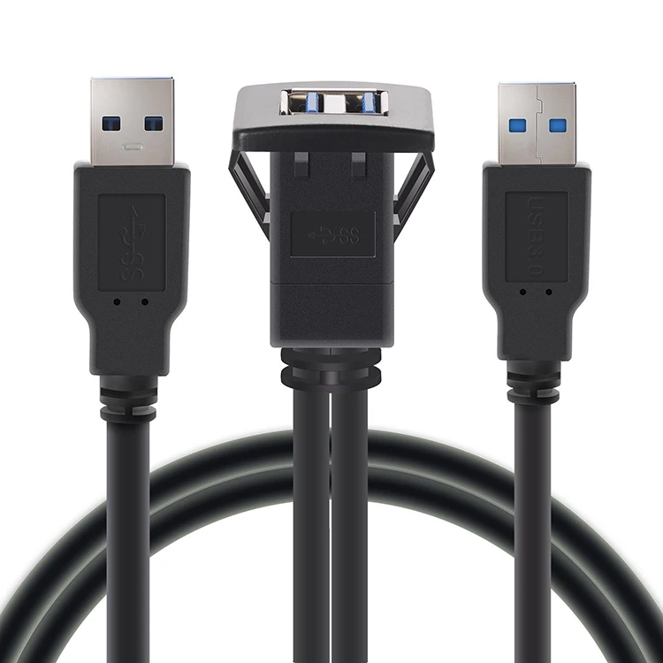 

LBT High Quality Dual Ports Square USB 3.0 Panel Flush Mount Extension Cable with Buckle, Black