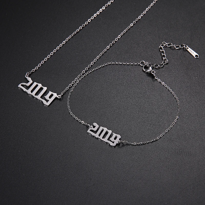 

Stainless Steel Jewelry Sets 18k Gold Plated New Year Pendant Necklace Bracelet Sets For Anniversary Gift, Steel color