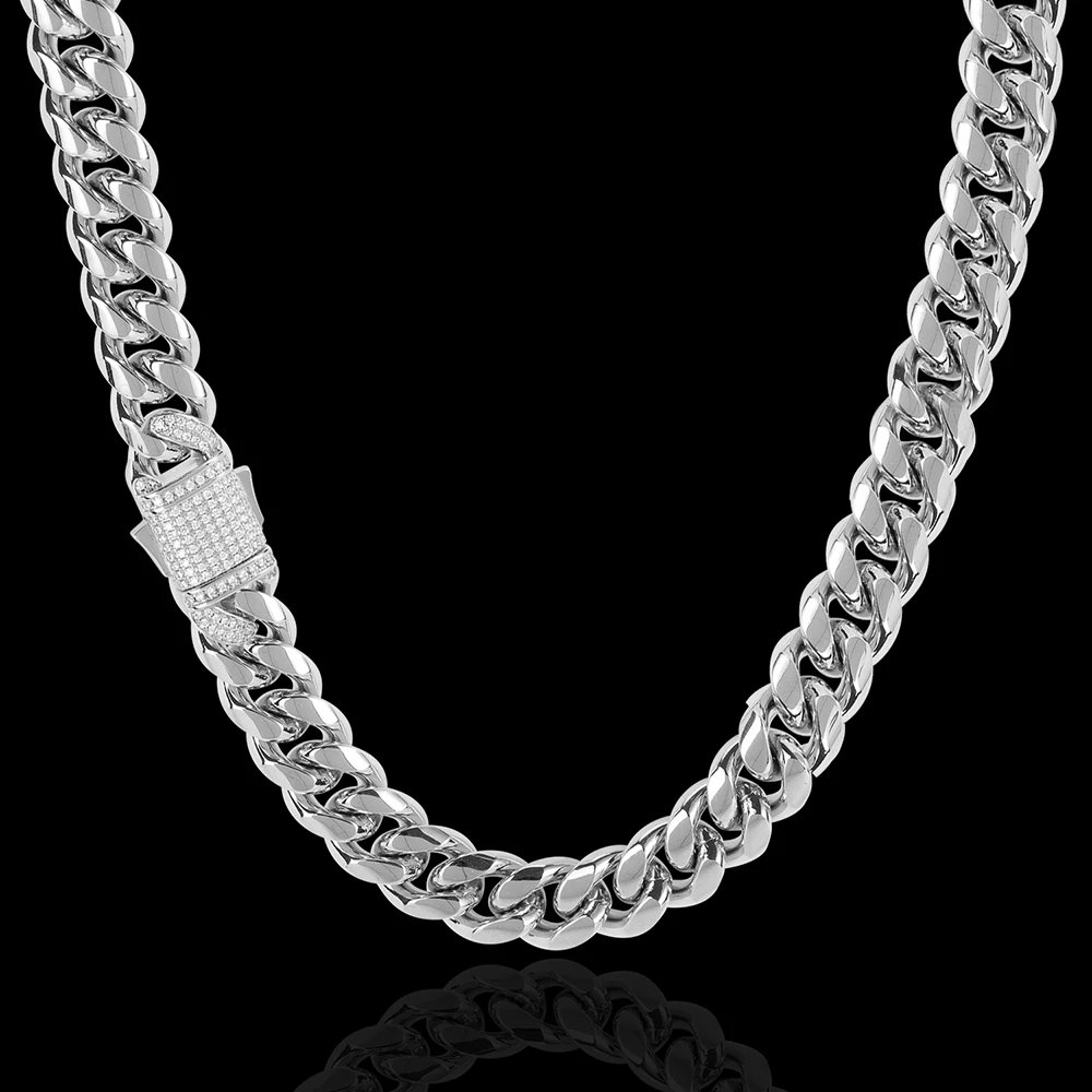 

12mm iced out clasp spring lock stainless steel polished shiny cuban link chain hip hop jewelry mens rock cuban chain, Gold, silver, rose gold, bi-color