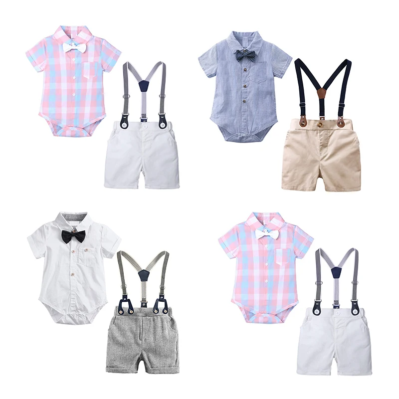 

Summer toddler boys formal shirts rompers shorts clothes kids bow tie gentleman suit infant overalls baby boy clothing set