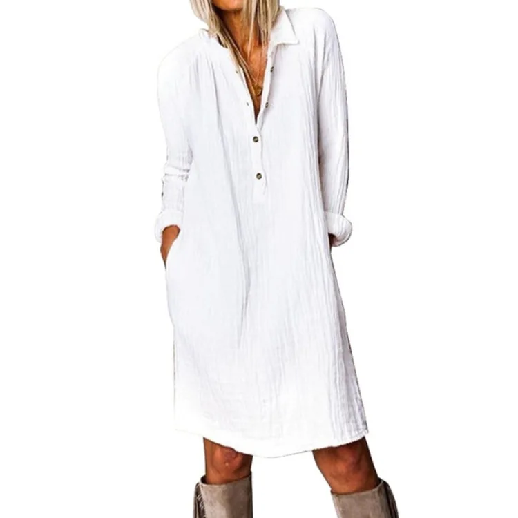 

2021 Spring and Autumn European And American New Solid Color Cotton And Linen Long-sleeved Single-breasted Dress, Shown