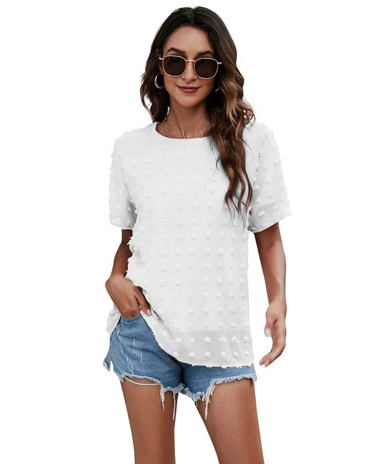 

Womens Chiffon Blouse Summer Casual Round Neck Short Sleeve Swiss Dot T Shirts Tops