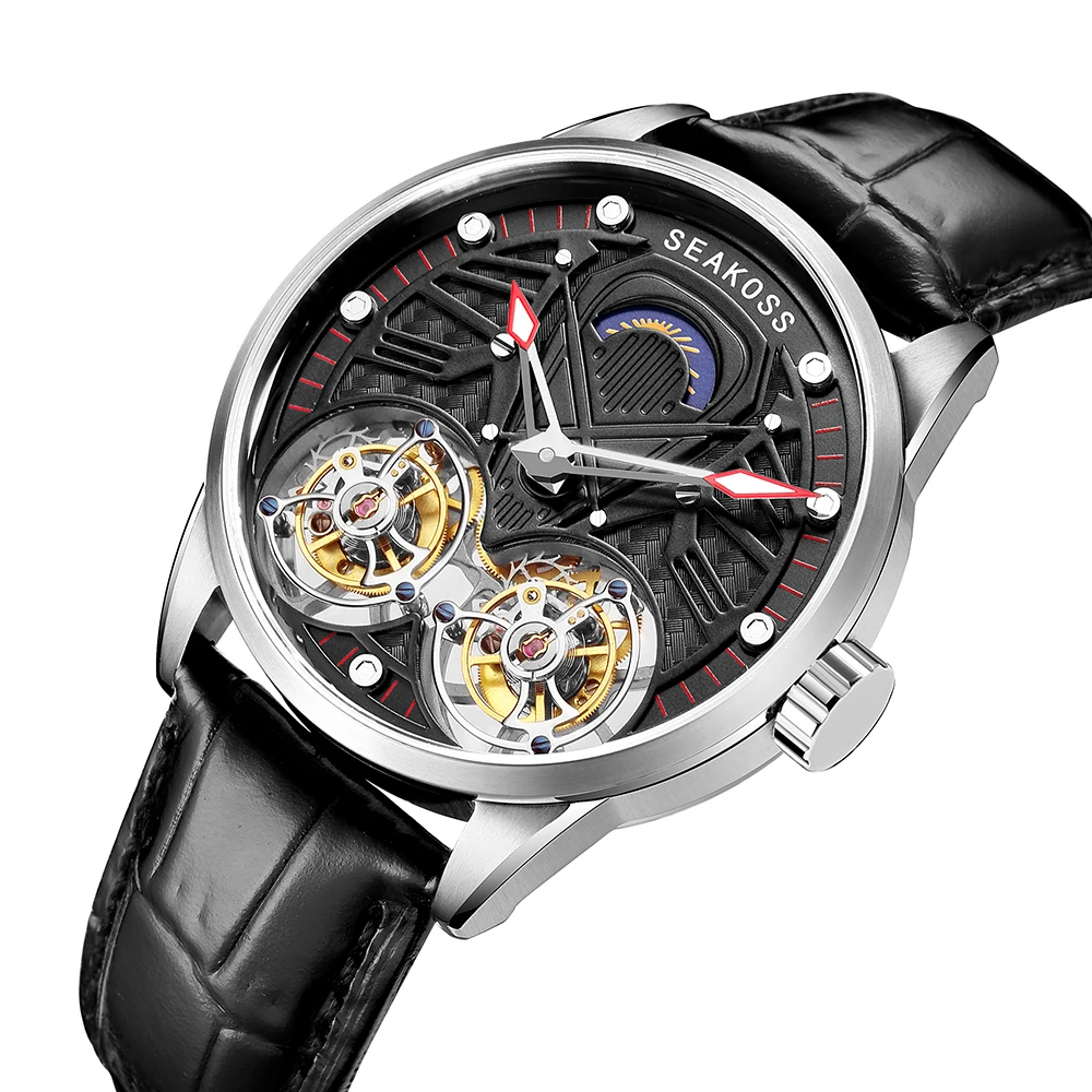 

2021 Men Luxury Dual Tourbillon Watches Genuine Leather Strap Analog Skeleton Sapphire Crystal Mechanical Wristwatch