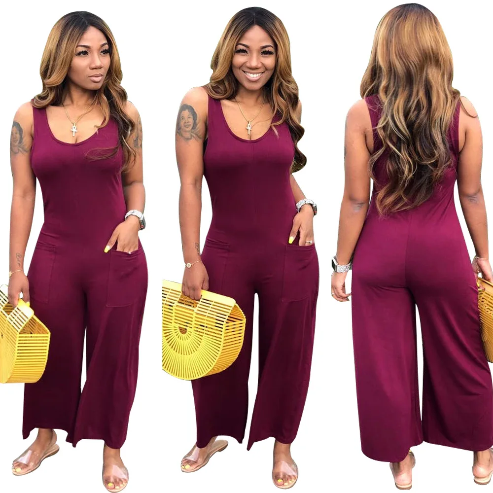 

2019 Sleeveless Round Neck Solid Color Casual Loose Women One Piece Jumpsuit