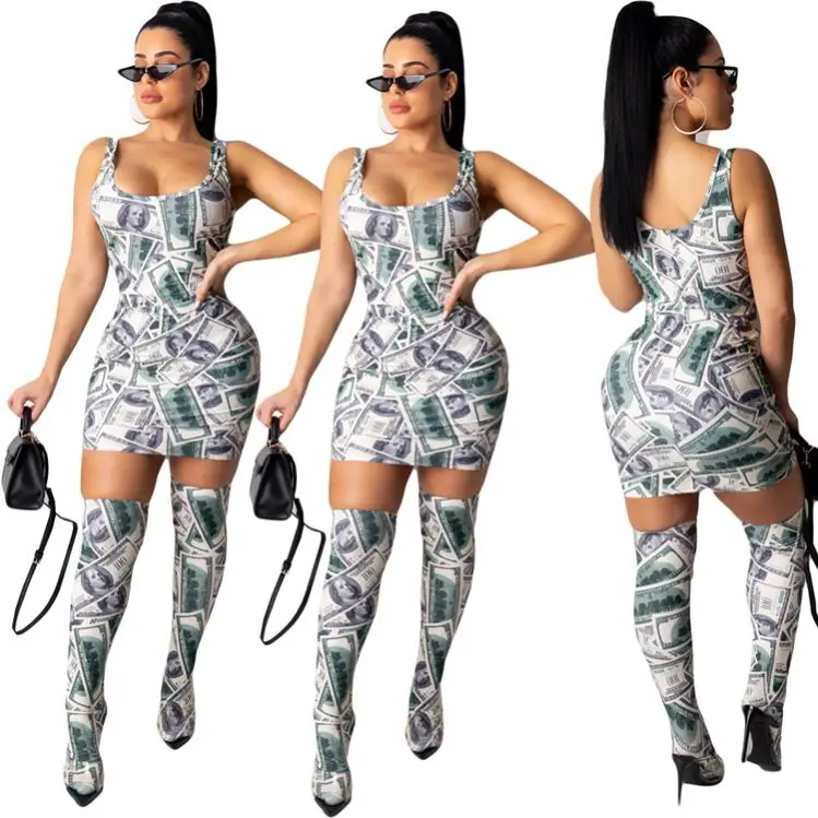

Best Seller Dollar Print bodycon dress thigh high sock Dress Women Two Piece Set 2020 Boutique Clothing