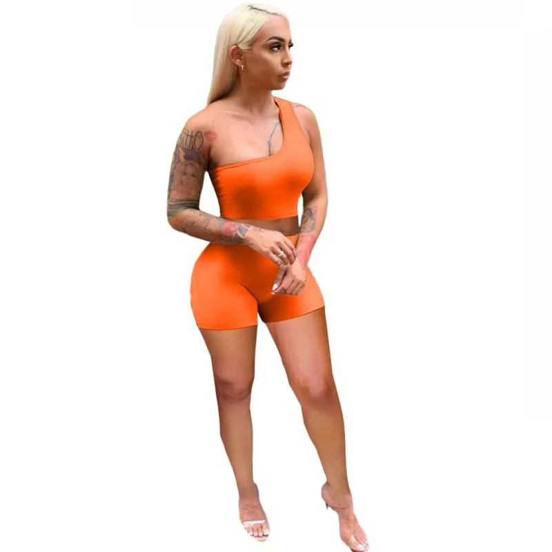 

Sexy One Shoulder Top 2 Two Piece Set Women Tracksuit Fashion Summer Slim Streetwear Fitness Biker Shorts Outfit B1271