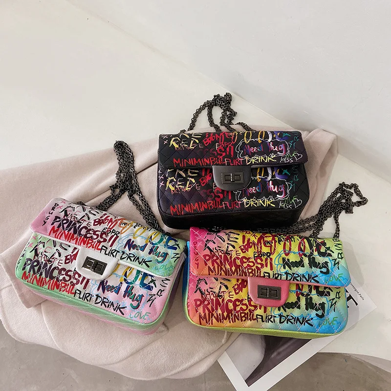 

Handbags 2022 Custom LOGO Women Graffiti Chain Shoulder Handbags and Purses Crossbody Women Small Hand Bags, White, black, colorful