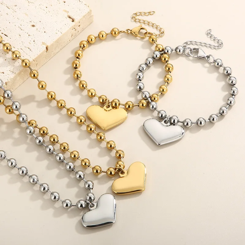 

New Arrivals Stainless Steel Heart Charm Pendant Necklace 18k Gold Plated 6MM Ball Beaded Necklace Ladies Jewelry Set YF3530