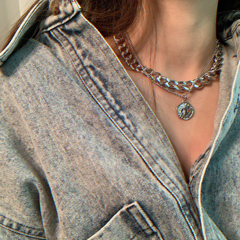 

double link chain hip-hop rock neck statement short clavicle necklace female ins retro portrait thick heavy big hain necklace, Picture