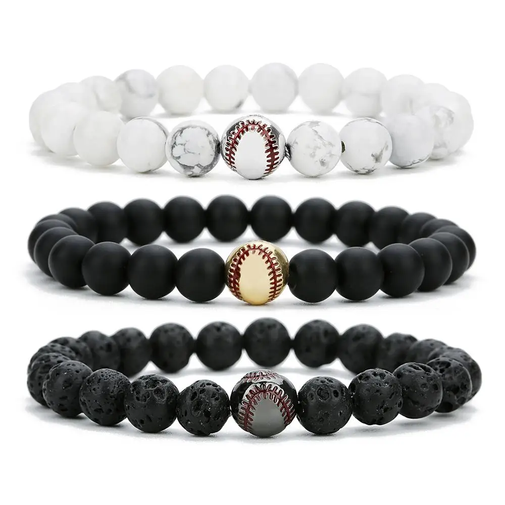 

Classic Softball Bracelet Men Fashion 8mm Lava Stone Handmade Beaded Charm Bracelet For Men Jewelry Pulsera Hombre
