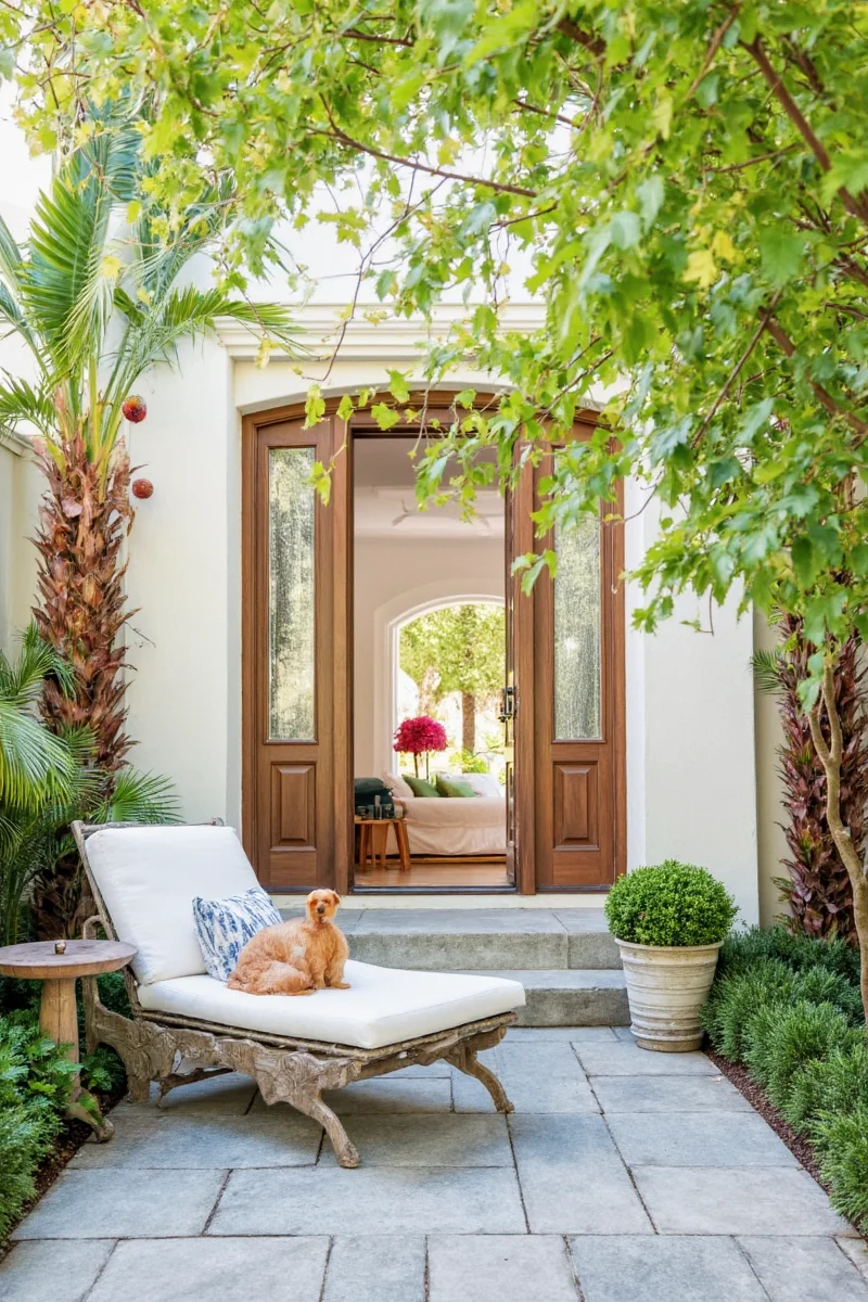 Stylish rattan-style pet bed next to a matching side table with a ceramic bowl and hanging hammock swing in a beach-themed backyard.