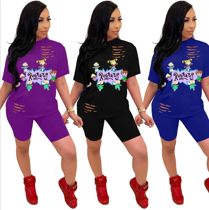 

2020 summer 3xl women clothing 3colors cartoon letter print Tshirt with shorts two piece outfit 2 piece short set