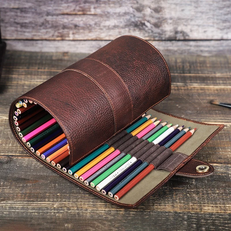 

CONTACTS FAMILY Handmade Custom Art Pen Bag Full Leather 40 Slots Pencil Roll Wrap Roll Up Pencil Case