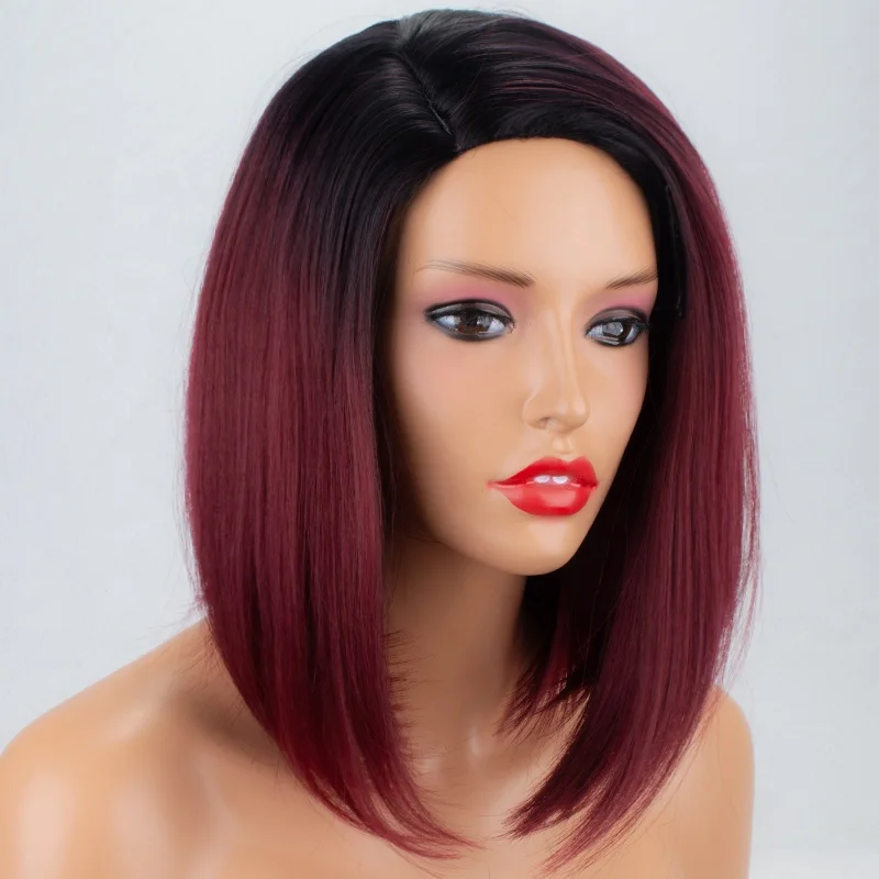 

Aliblisswig Short Straight Bob 2 Tone Dark Root Ombre Burgundy Wine Red Heat OK Fiber Glueless None Lace Synthetic Hair Wigs, Dark root 2 tone ombre burgundy wine red synthetic wigs