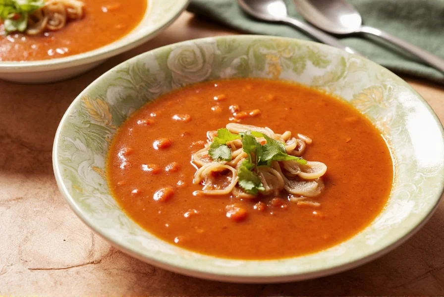 Chile soup garnished with cheese, tortilla strips, and lime wedge
