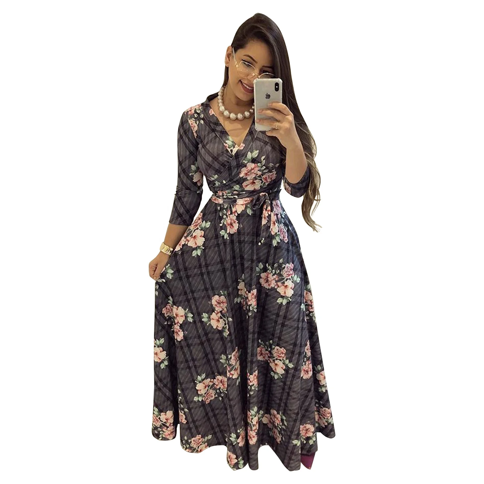 

Plus size clothing sexy v-neck printed long maxi dress woman with belt Office Summer Clothing Red 2020 Woman Dress Fashion