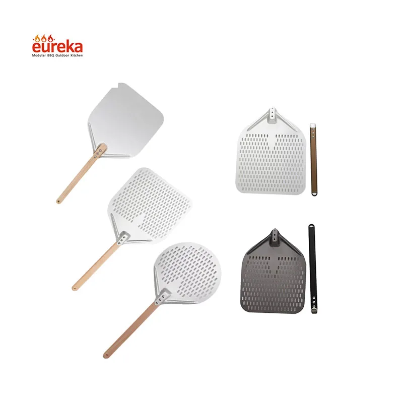 

Baking Tools Aluminium Square Pizza Peel Perforated Shovel with Wood Handle