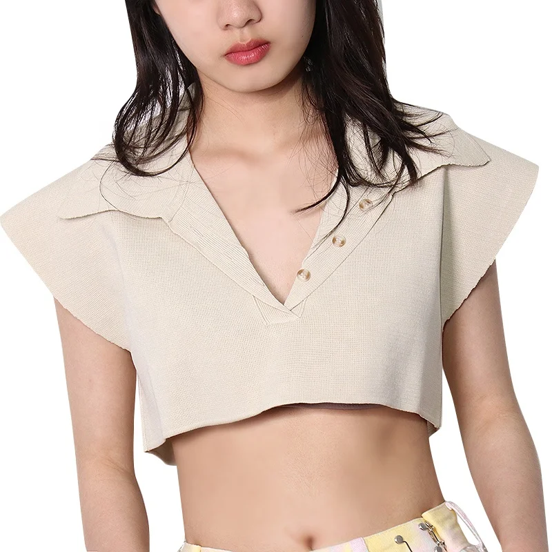 

CHICEVER Lapel Sleeveless Minimalist Loose Solid Knitted Short Sweaters Female