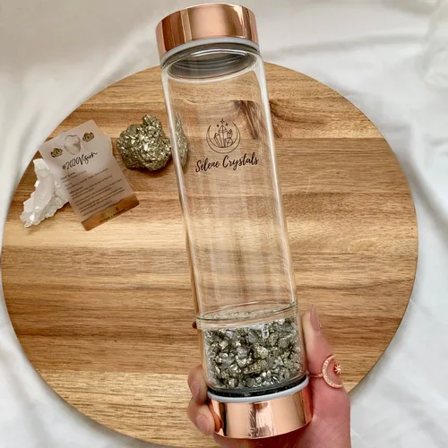 

Eco Bamboo Gemstone Tea Infuser Water Bottle Motivational Water Bottle with Crystal, Pink, black, amethyst metc