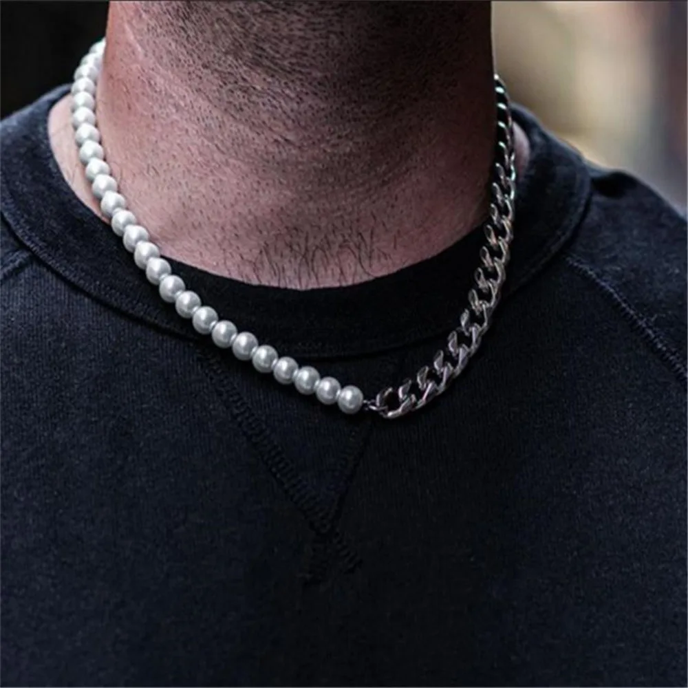 

Punk Cuban Chain Necklace Stitching Titanium Steel Pearl Necklace for Men, Silver color, gold color