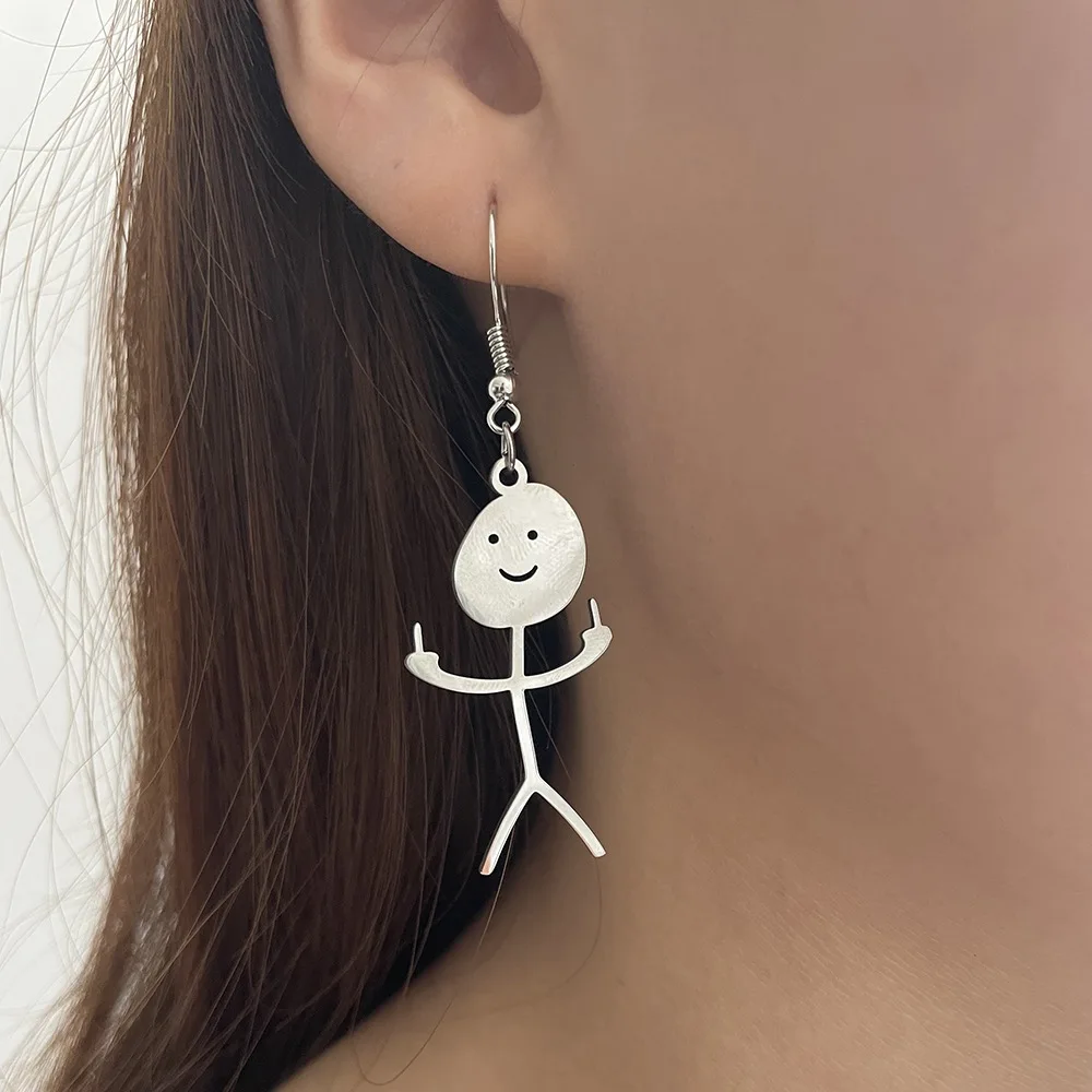 

New Creative Stainless Steel Earrings Fashion Simple Funny Doodle Earring Smiley Middle Finger Pendant Earring for Women