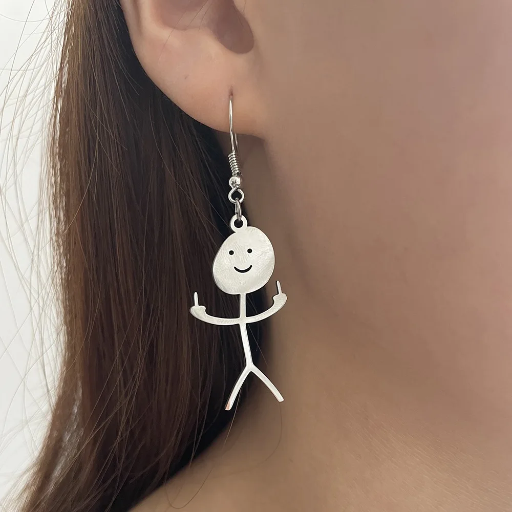 New Creative Stainless Steel Earrings Fashion Simple Funny Doodle Earring Smiley Middle Finger Pendant Earring for Women