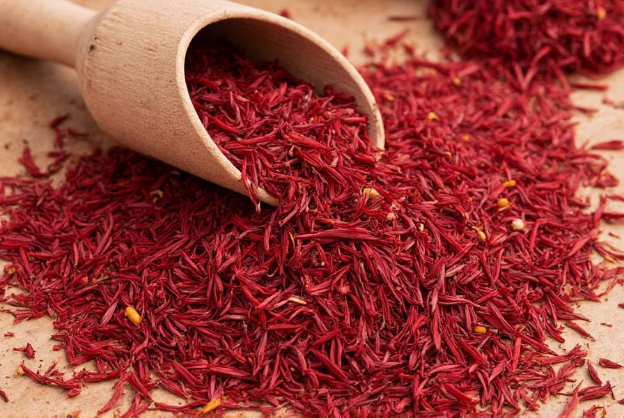 Close-up of genuine saffron threads showing red stigmas with orange tips next to counterfeit saffron made from dyed corn silk