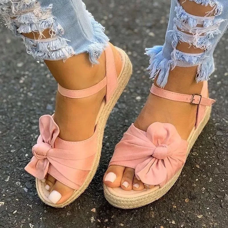 

Platform Sandals New Fashion Fabric Bow knot Peep Toe Buckle Large Size Straw Outer Casual Women's Sandals, Pictures